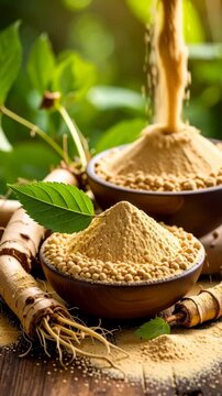 Close-up of ginseng root, green leaves and two bowls filled with ginseng powder on a wooden table.