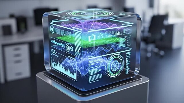 A futuristic holographic cube displaying complex data visuals.