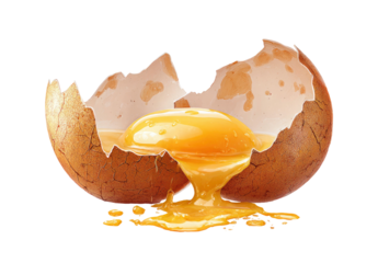 Cracked Open Brown Chicken Egg Yolk Spilling Out Isolated on Transparent Background