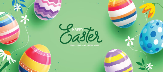 A horizontal Happy Easter banner with a collection of realistic 3D glossy eggs, delicate white flowers, and botanical leaves scattered on a light green background.