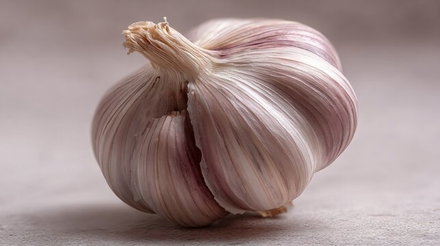 One clove of garlic viewed in macro, soft neutral background, subtle shadow detail, ingredient intimacy