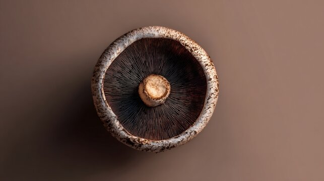 One mushroom cap viewed from above, earthy background tones, soft shadow gradients, minimalist organic food study