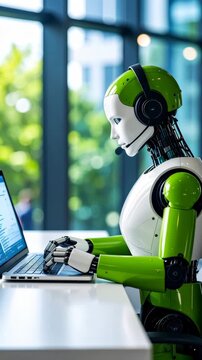 White and green robot working on a laptop with a headset indoors in an office setting against a bright window