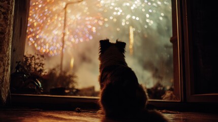 Holiday celebration event. A dog sitting on the floor, gazing out a window at a festive display of fireworks.