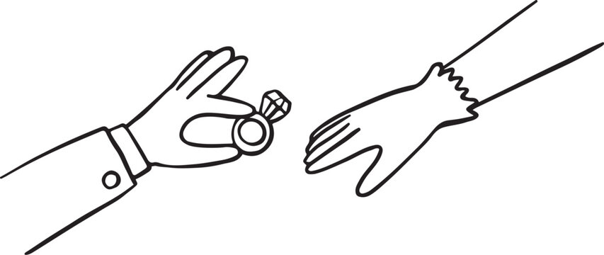 hand drawn hand giving engagement ring line drawing, scribble outline, abstract marriage proposal line art isolated illustration
