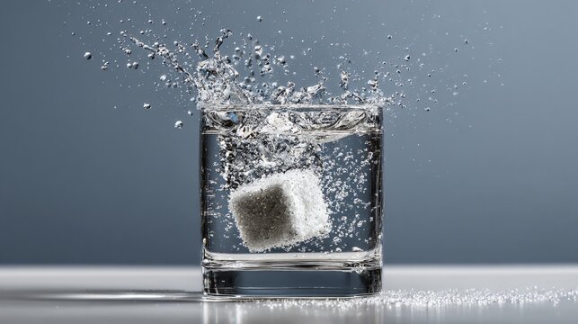 Single cube of sugar dissolving in water, minimal glass composition, conceptual ingredient photography