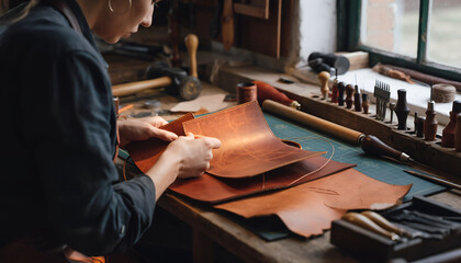 Leather Craftsman Making Handmade Wallet in Workshop, Artisan Craft and Small Business Concept