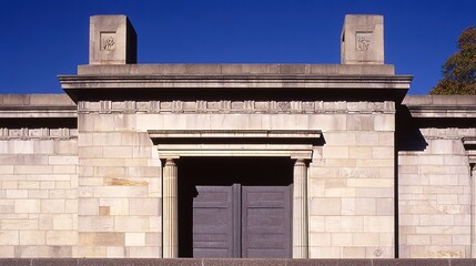 Obraz premium monumental. Classical architectural doorway with elegant columns under a clear blue sky, embodying timeless sophistication. real-estate listings.