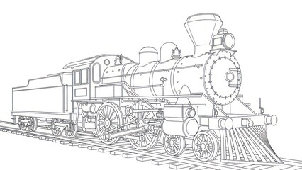 Outlined vintage steam train locomotive on tracks isolated against white background