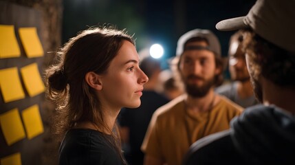 Obraz premium Young woman during outdoor night team brainstorming with yellow sticky notes