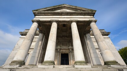 Fototapeta premium monumental. Classical architectural doorway with elegant columns under a clear blue sky, embodying timeless sophistication. real-estate listings.
