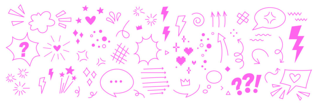 Comic expression vector elements. Cartoon sound effects set with explosive lines and speech bubbles. Hand drawn pink doodles with editable stoke. Cute manga icons, hearts, arrows, star, fun sparkles