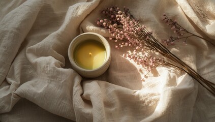 Topdown view of a lit candle and dried flowers on a draped fabric background