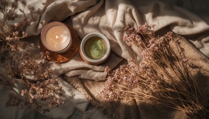 Aromatic candle and matcha tea on a cozy blanket with dried flowers in warm sunlight