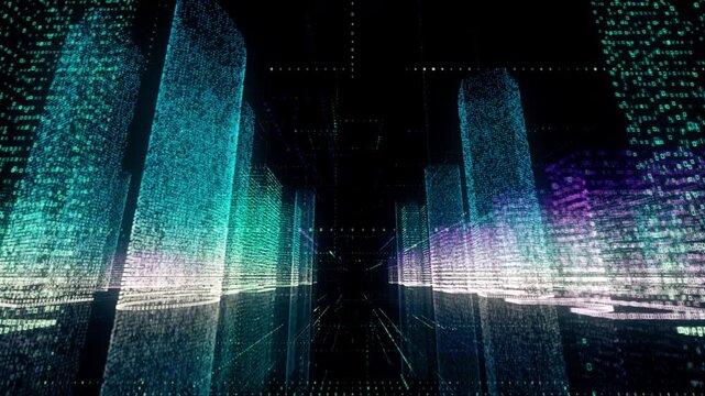 Digital communications and business concept background of abstract modern neon city in blue-white and other colors consist of symbols. 3D rendering 4k video.