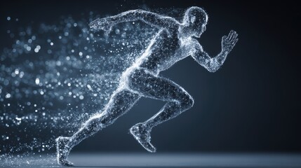 Cardio sports exercise, healthy lifestyle. A digital artwork of a running man, rendered in a lowpoly style using white and black colors against a dark background.