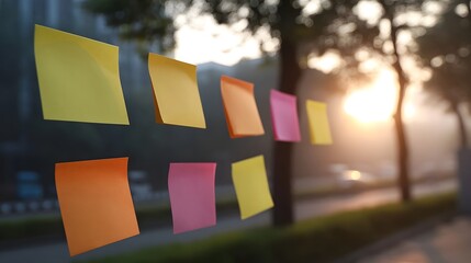 Colorful sticky notes displayed on glass with a misty urban sunrise background