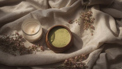 Cozy scene of matcha tea and candle with dried flowers on a soft beige blanket