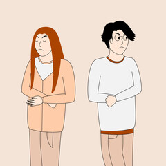 Two people are standing next to each other, looking away from each other.