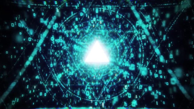 Indigo Binary Code Digital Tunnel with Floating Numbers, Futuristic Triangles, Cyber Data Stream, Technology Abstract Seamless Loop Background