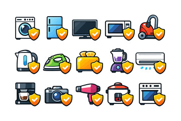 Household appliances with security shield icons for safety and protection.