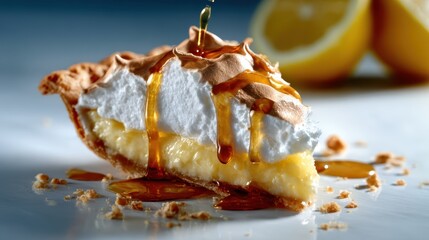 A mouthwatering slice of lemon meringue pie, beautifully presented with a drizzle of syrup, showcasing the perfect combination of flavors in a delightful pastry.
