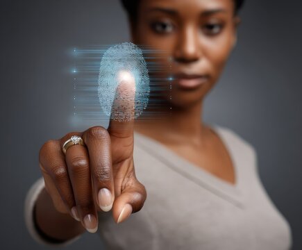Elegant African American woman accessing secure system using biometric technology.