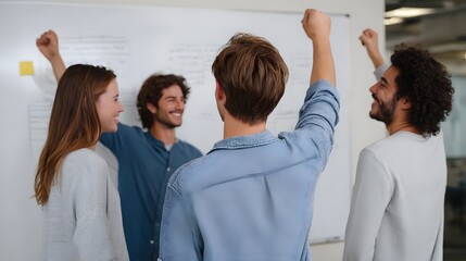 A diverse team celebrates a successful project plan on a whiteboard in a collaborative office setting