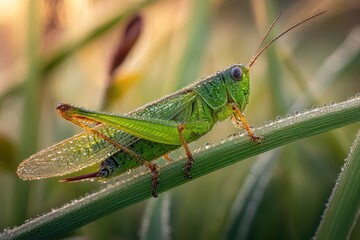 Fototapeta premium Close-up grasshopper on a blade of grass in morning light