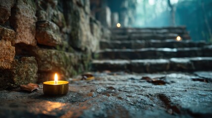 A serene candle flickers on ancient stone steps, surrounded by lush greenery. The atmosphere evokes mystery and tranquility, inviting contemplation in a magical setting.