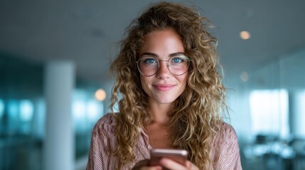 A joyful young woman is engaged with her smartphone while smiling, embodying a modern lifestyle that integrates technology with happiness and social connection.