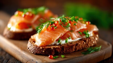 This delightful food image showcases a gourmet salmon topping on rich brown bread, decorated with herbs, illustrating culinary art and the pleasure of fine dining.