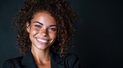 A cheerful woman with curly hair radiates positivity with a bright smile against a dramatic dark background, capturing joy and confidence in a beautiful portrait.