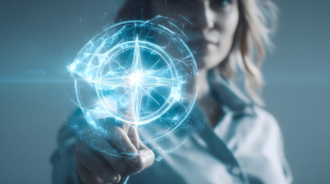 Navigating the Future: A focused individual interacts with a luminous digital compass, symbolizing strategic vision and exploration, on a journey into innovation.