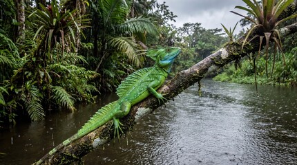 Plumed Green Basilisk Perched on Branch in Tropical Rainforest Rain