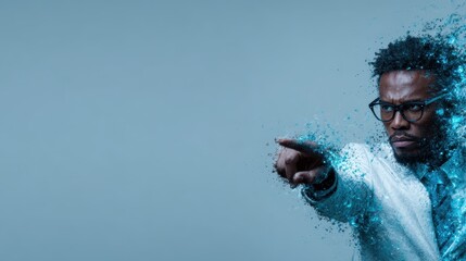 A striking image of a man whose form dissolves into particles, symbolizing themes of transformation, identity, and the ephemeral nature of existence in modern art.