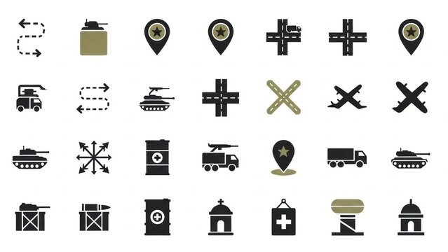 A cohesive vector icon set for military defense, strategic planning, and logistical support, showcasing tanks, planes, and key operational locations