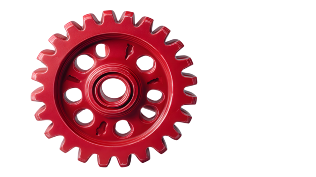 Red gear on transparent background, cogwheel graphic for engineering and mechanical design projects - Powered by Adobe