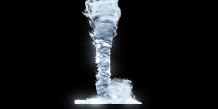 3D animation of a swirling smoke trail on black background. Realistic Tornado animation. A natural storm scene on an isolated black background. 3D Illustration