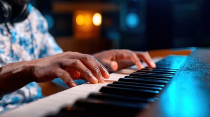 Obraz premium A close-up of a musician's hands skillfully playing the piano, capturing the essence of creativity and dedication in music through their focused expression and technique.