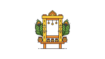 Colorful traditional Thaipusam festival icon depicting a decorated archway with peacock feathers and offering pots, symbolizing devotion and celebration