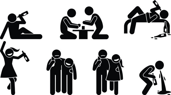 Stick figure set illustrating various stages and consequences of alcohol consumption