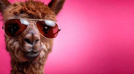 Obraz premium A stylish alpaca with round sunglasses poses against a vibrant pink background, radiating an aura of confidence and uniqueness, perfect for animal lovers and fashion enthusiasts.
