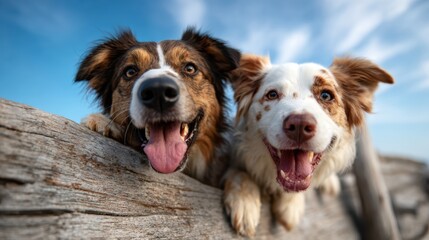 Two friendly dogs with joyful expressions, positioned against a picturesque outdoor backdrop, embodying companionship, happiness, and the spirit of adventure in nature.