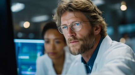 Obraz premium Laboratory setting with scientists monitoring radiation levels on digital screens, focused expressions conveying responsibility, research, and technological oversight. cinematic color correction,