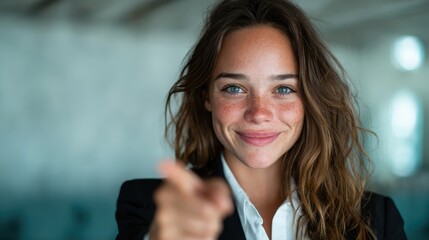 A joyful woman points with enthusiasm, wearing a blazer, radiating positivity and friendliness in a bright, engaging setting perfect for personal branding or marketing.