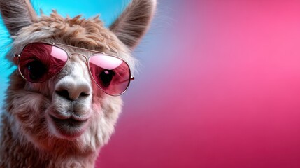 Obraz premium A stylish llama wearing pink sunglasses poses against a vibrant background. This playful and trendy scene captures a unique blend of fun and fashion.