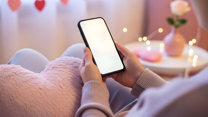Person holding a smartphone with a blank screen in a cozy setting