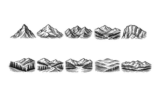 Hand-drawn mountain landscape icon set featuring peaks, ridges, valleys, and forested hills in vintage engraved ink line art style