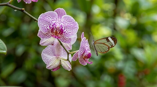 Glasswing butterfly on purple orchid, macro nature scene, garden details, gentle movement butterfly, orchid.